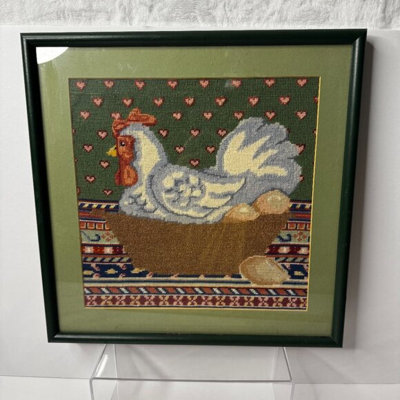 Framed Needlepoint Canvas Chicken in a Basket Finished Completed Picture Frame - Picture 2 of 6